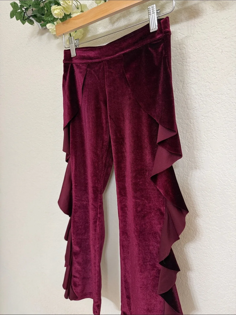 Joyfolie • Burgundy Velvet Ruffle Wide-Leg Pants